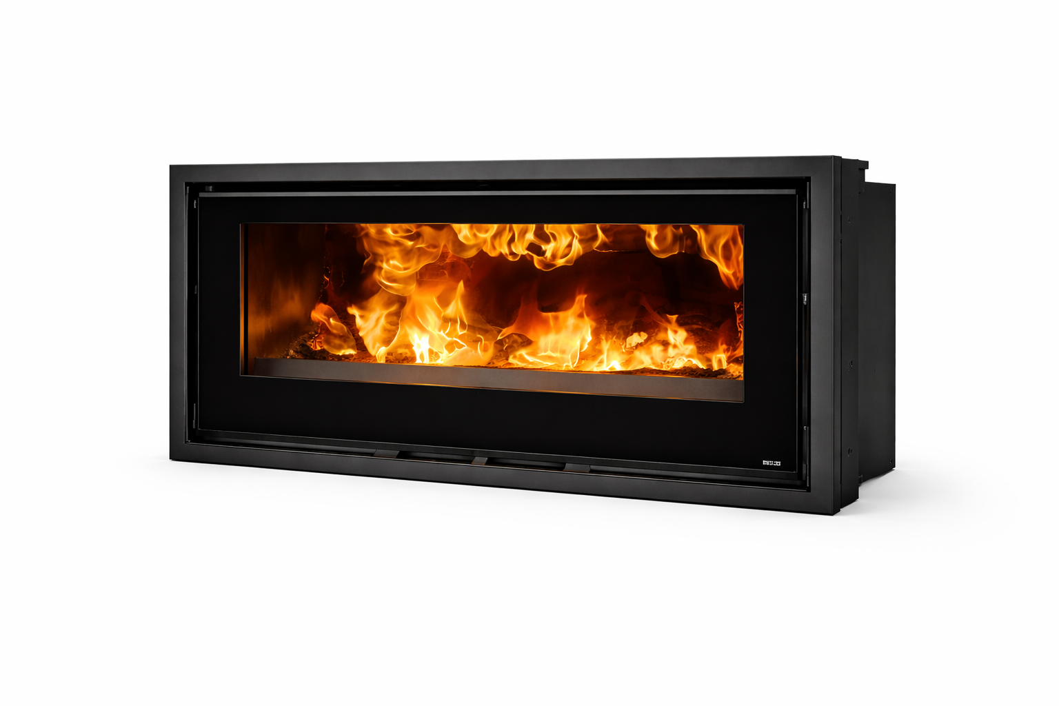 Opus Side view Modern black fireplace insert with flames on a white background