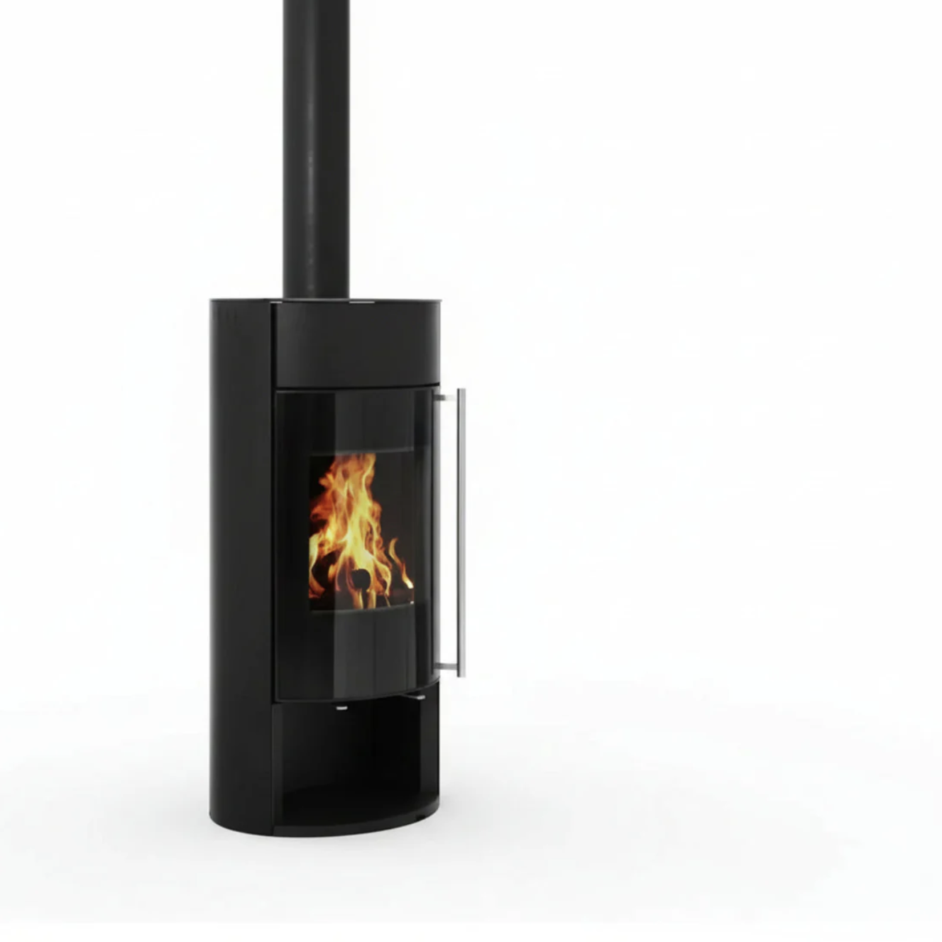 Black Opus freestanding fireplace with visible flames on a white background