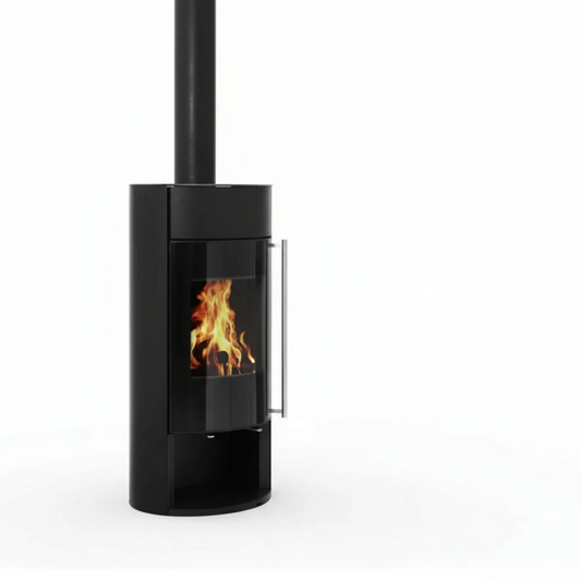 Black Opus freestanding fireplace with visible flames on a white background