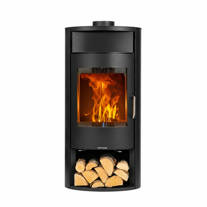 Black freestanding Opus Calypso fireplace with visible flames and wood logs on a white background