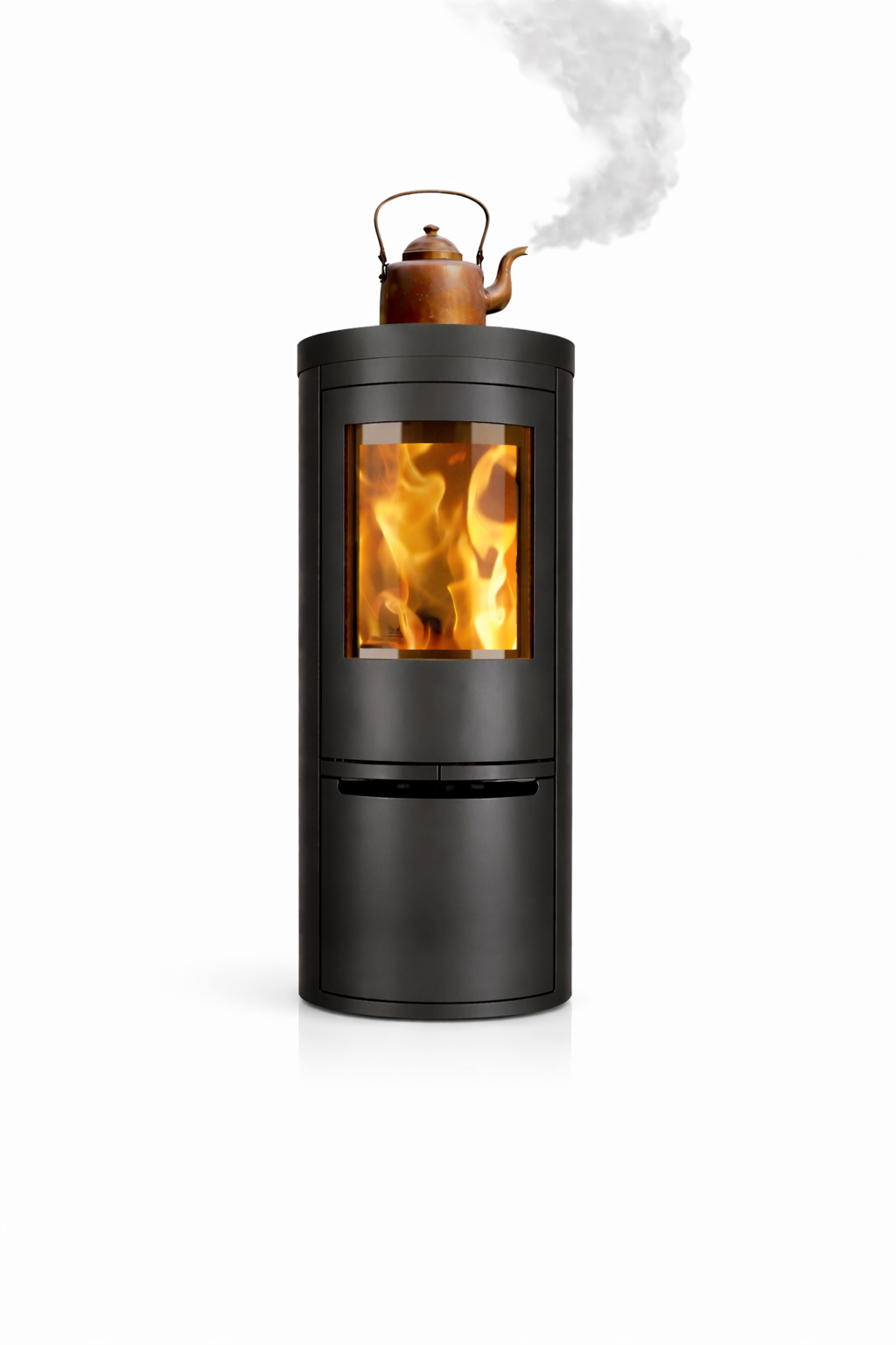 Opus Cook top Black wood-burning stove with visible flames and a teakettle on top, on a white background