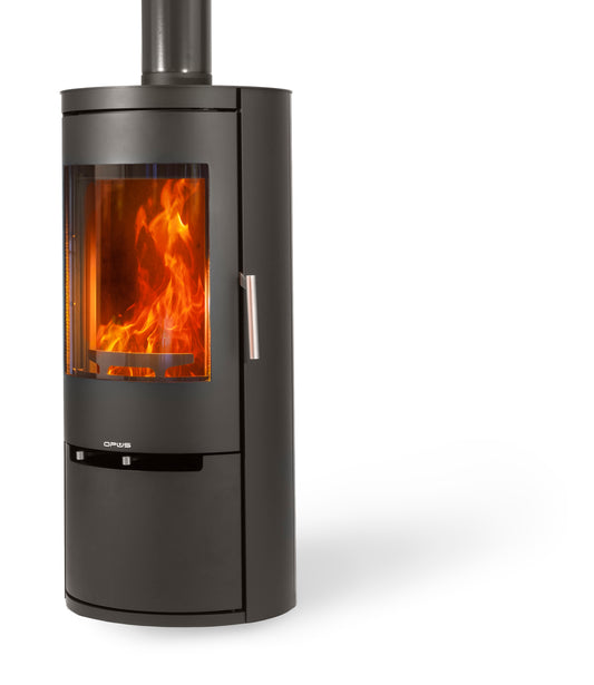 Opus Melody DE Modern wood stove with visible flames on a white background
