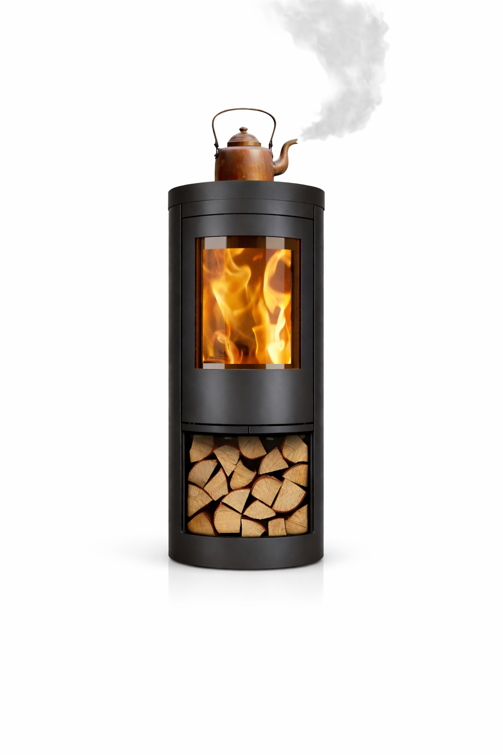 Opus Wood-burning stove with flames and log store on a white background with cooker on top
