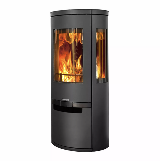 Opus Trio D Modern black freestanding fireplace with visible flames on a white background