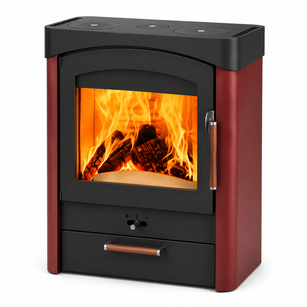 A modern wood-burning fireplace stove with a black front door and base, red side panels, copper-toned drawer and handle pulls, and an illuminated orange fire visible through the glass door, shown on a white background.