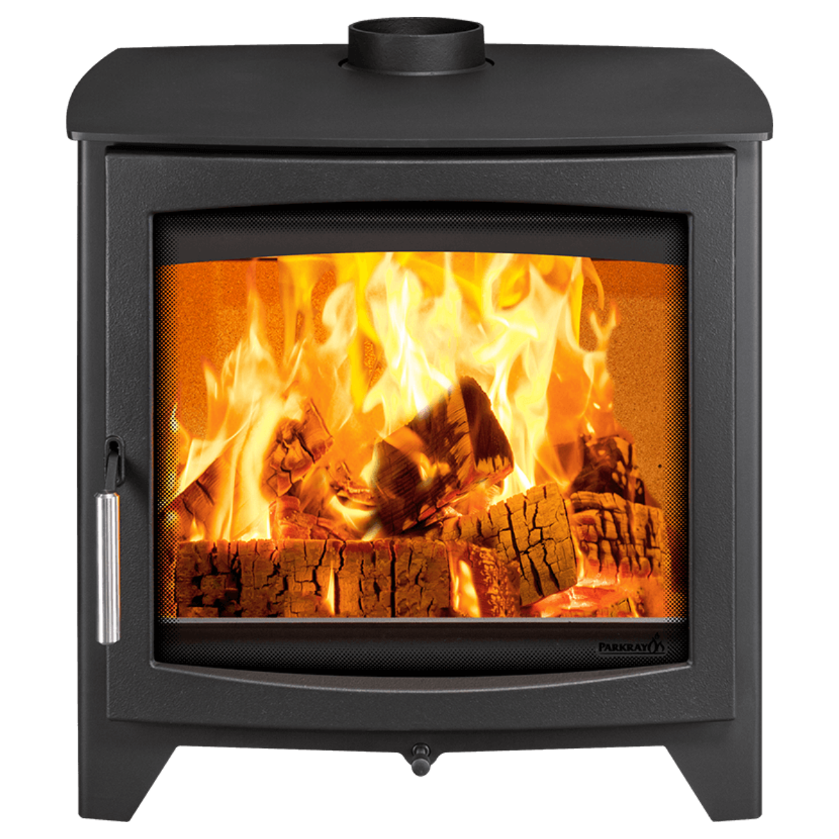 A black wood-burning stove with a glass front door showing a glowing fire and logs inside, photographed on a plain white background.