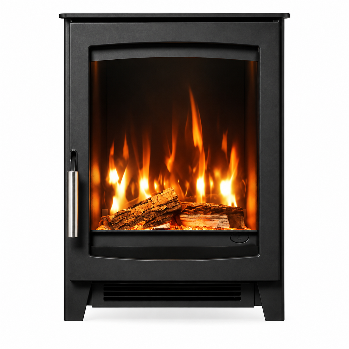 A black electric log burner with a glass front door, showing glowing orange and yellow flames and realistic logs inside, set against a plain white background.