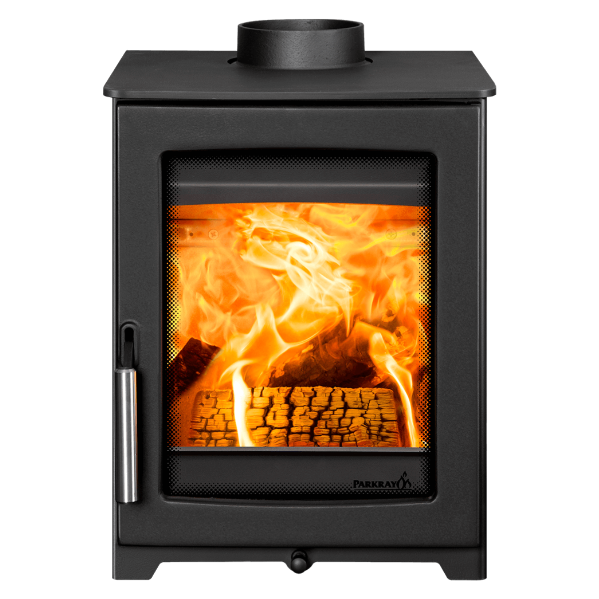 A black Pureshape wood-burning stove with a glass front door showing a glowing orange fire and logs inside, isolated on a white background.