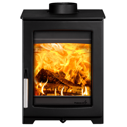 A black cast iron wood-burning stove with a glass front door showing a bright orange and yellow fire, on a solid white background. The brand name 'Pureslav' is visible on the lower right of the glass door.