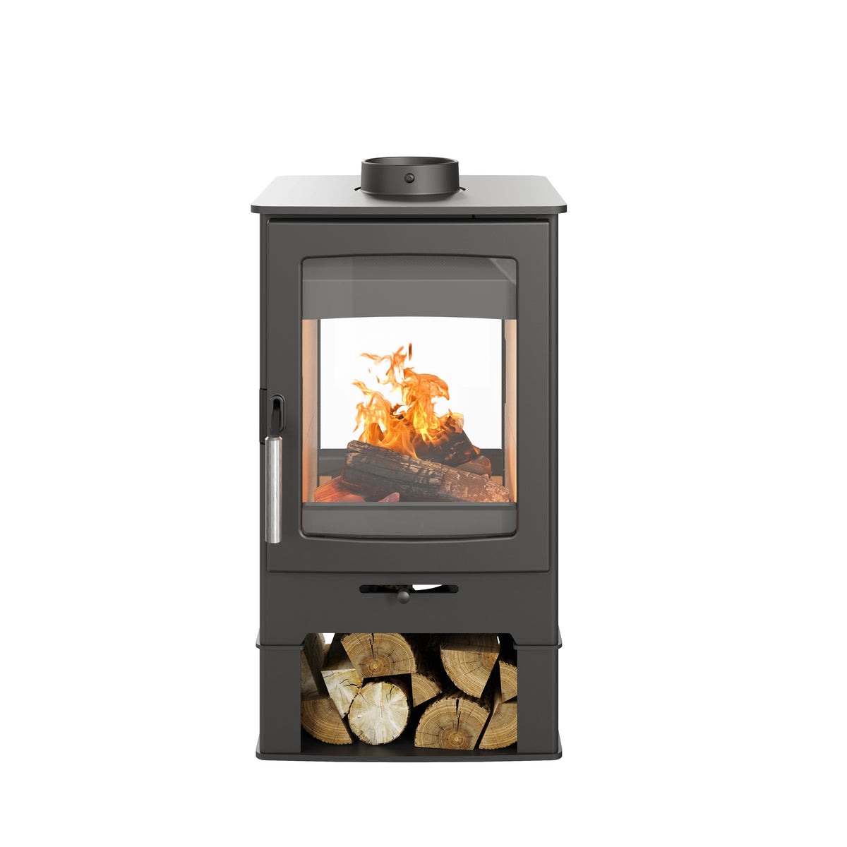 A black wood-burning stove with a glass door showing a fire inside, set against a plain white background. A lower storage compartment holds cut wood logs.