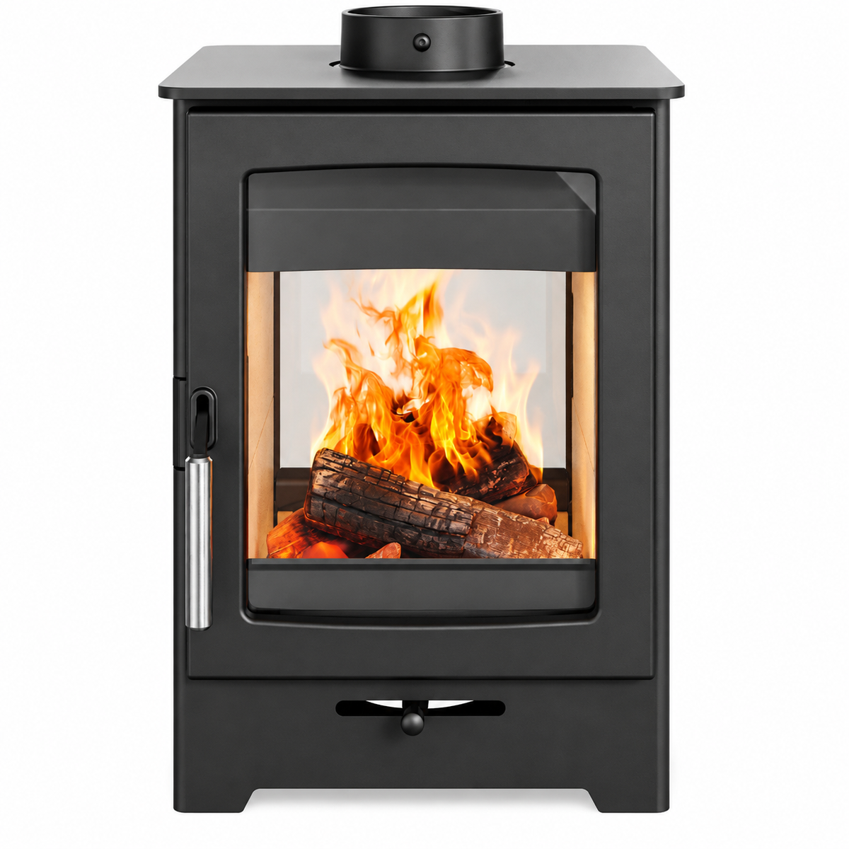 A modern black wood-burning stove with a glass front door showing a burning fire, set against a plain white background.