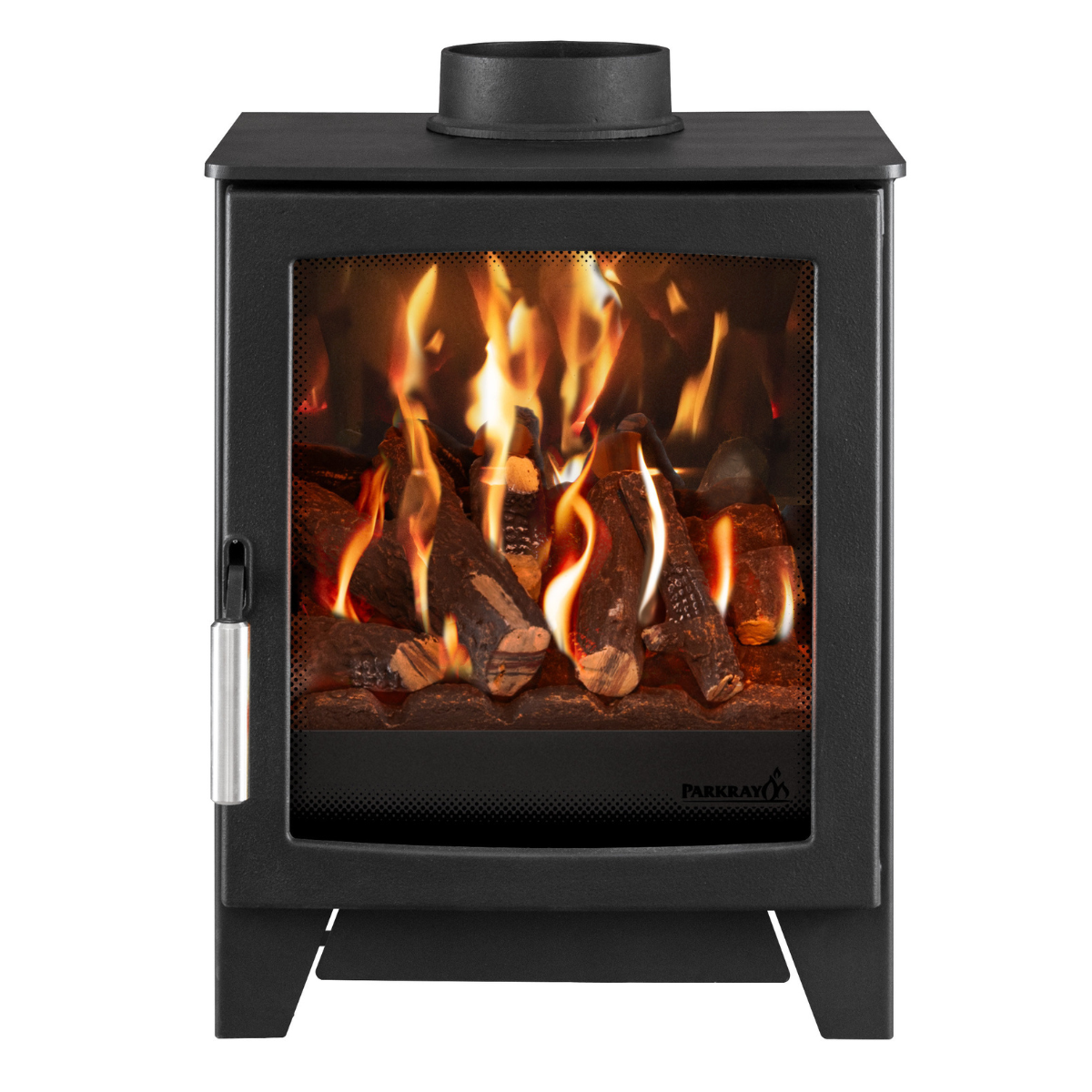 A black Parkray gas stove with a glass front door showing a realistic flame and log effect, set against a plain white background.