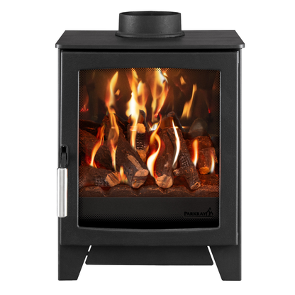 A black Parkray gas stove with a glass front door showing a realistic flame and log effect, set against a plain white background.
