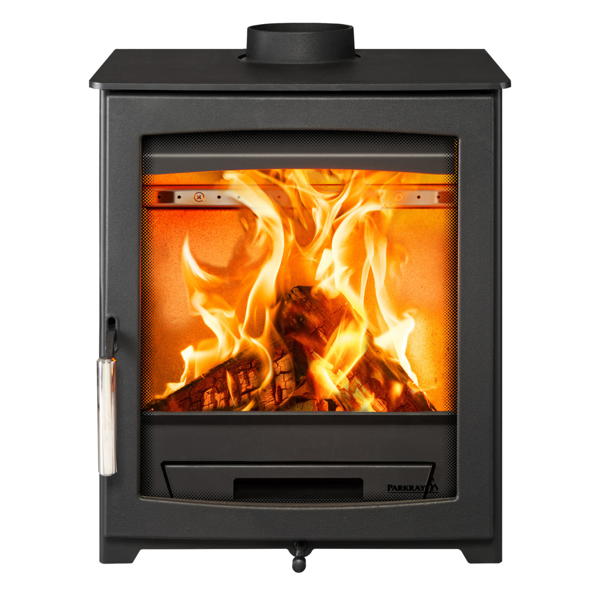 A black wood-burning stove with a glass front door showing bright orange and yellow flames over logs, photographed against a plain white background.