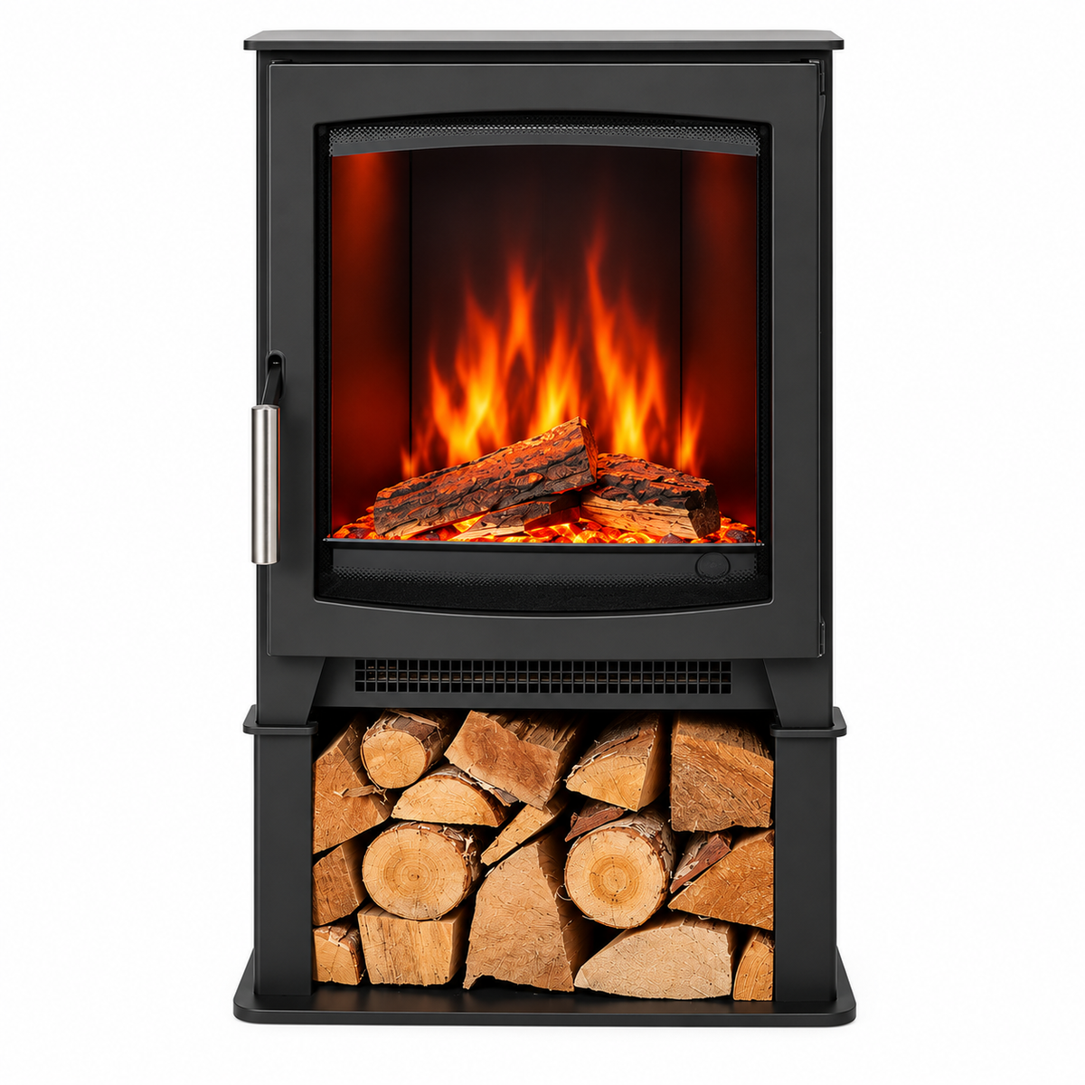 A black freestanding electric fireplace with a glass front showing glowing orange and red flames over log props, plus a lower shelf filled with stacked firewood, on a plain white background.
