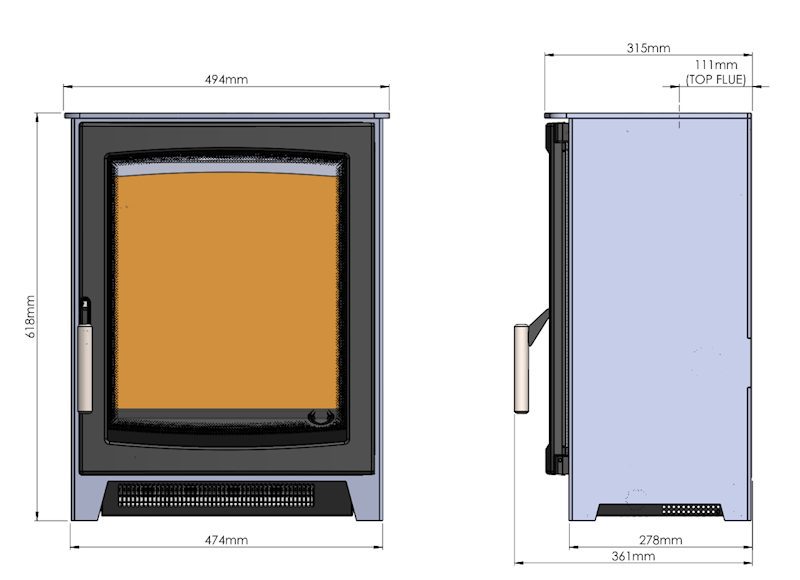 Technical dimension diagram of an electric fireplace insert, showing front and side views with measurements including 680mm height, 474mm width, 315mm top flue width, and 361mm base width.