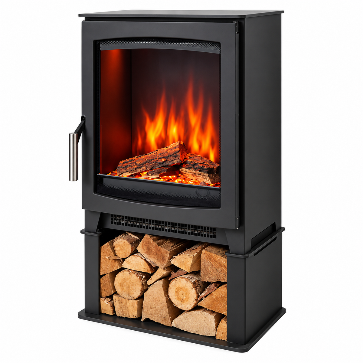 Black electric fireplace stove with a glass front door showing glowing orange flames and logs, with a lower storage compartment holding stacked firewood, isolated on a white background.