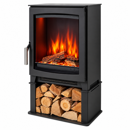 Black electric fireplace stove with a glass front door showing glowing orange flames and logs, with a lower storage compartment holding stacked firewood, isolated on a white background.