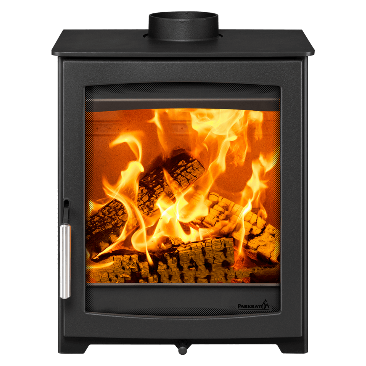 A black Parkray wood-burning stove with a glass front door showing a realistic fire and logs, set against a plain white background.