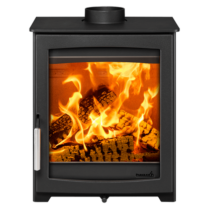 A black Parkray wood-burning stove with a glass front door showing a realistic fire and logs, set against a plain white background.