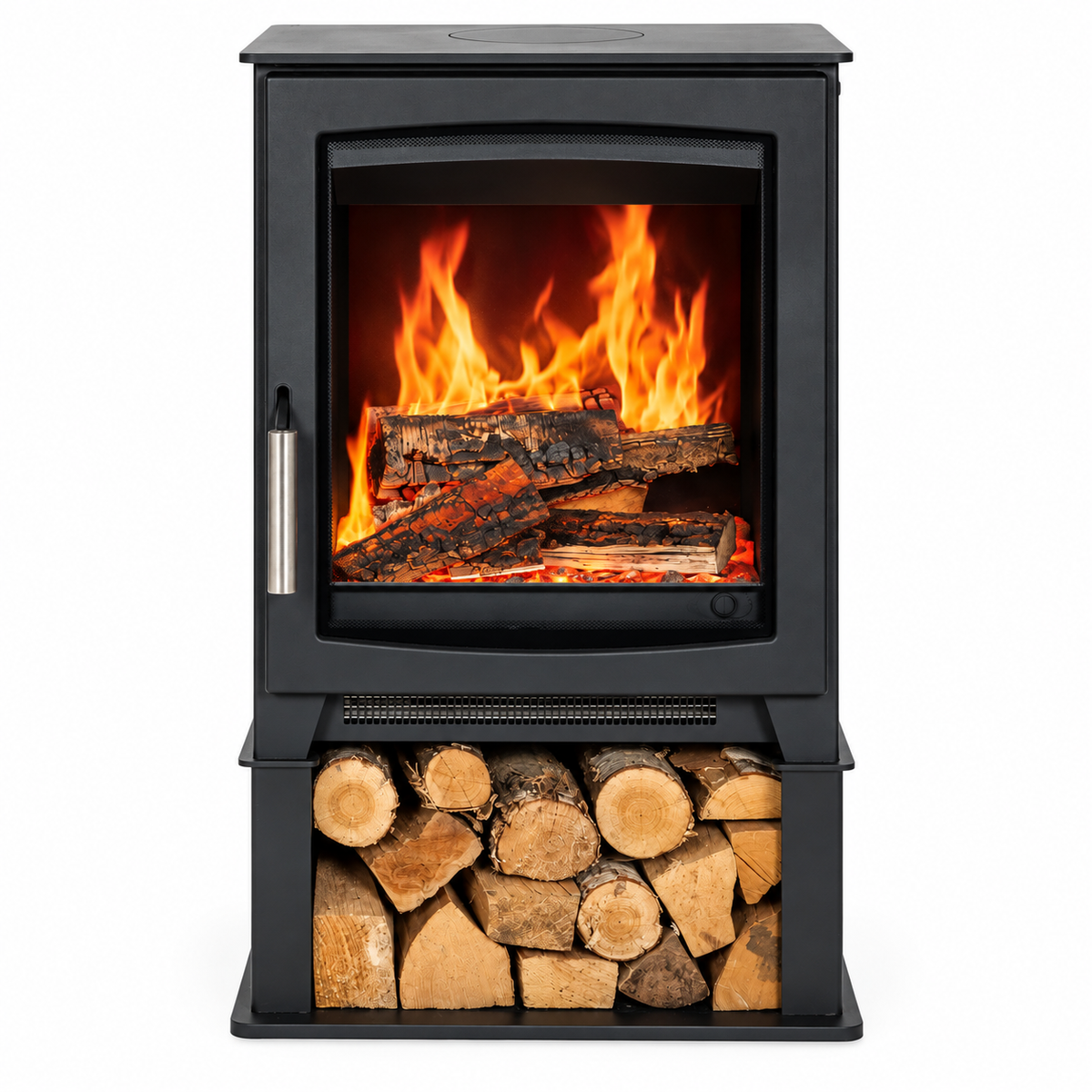 A black freestanding electric stove with a glass front showing bright orange flames and logs, plus a lower log storage compartment filled with cut firewood, photographed on a plain white background.