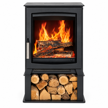 A black freestanding electric stove with a glass front showing bright orange flames and logs, plus a lower log storage compartment filled with cut firewood, photographed on a plain white background.