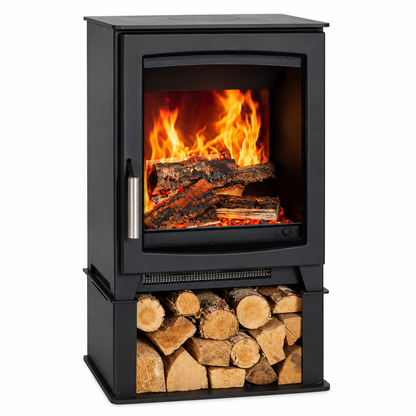 A black freestanding electric fireplace with a glass front door, visible orange flames and logs inside, and a lower storage compartment filled with cut firewood, shown on a plain white background.