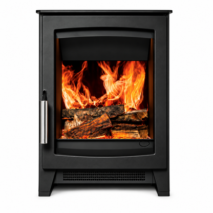 A black freestanding electric stove with a glass front showing bright orange flames, photographed on a plain white background.