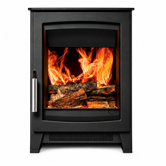 A black freestanding electric stove with a glass front showing bright orange flames, photographed on a plain white background.