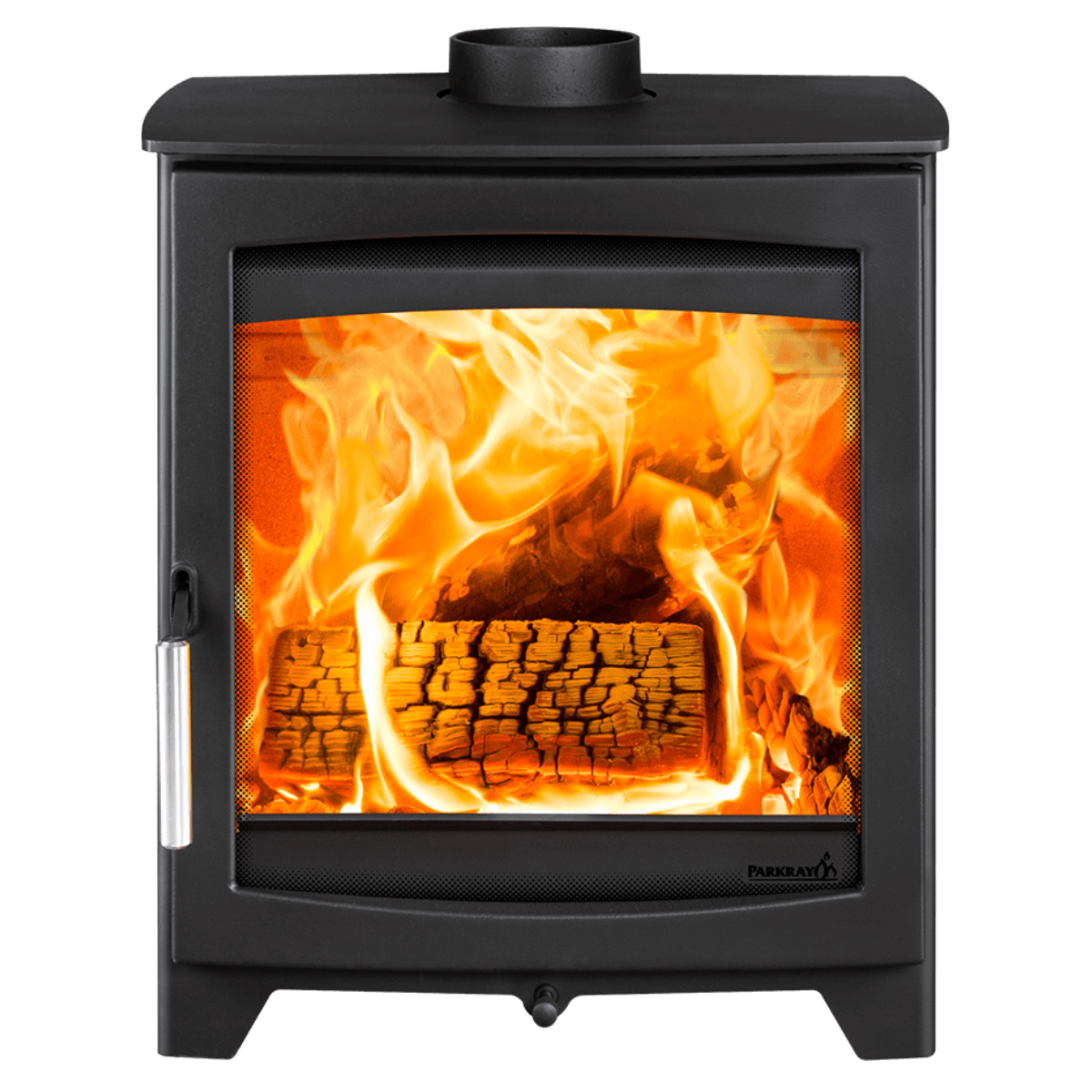 A black wood-burning stove with a glass door showing a bright orange fire and logs inside, photographed against a plain white background.