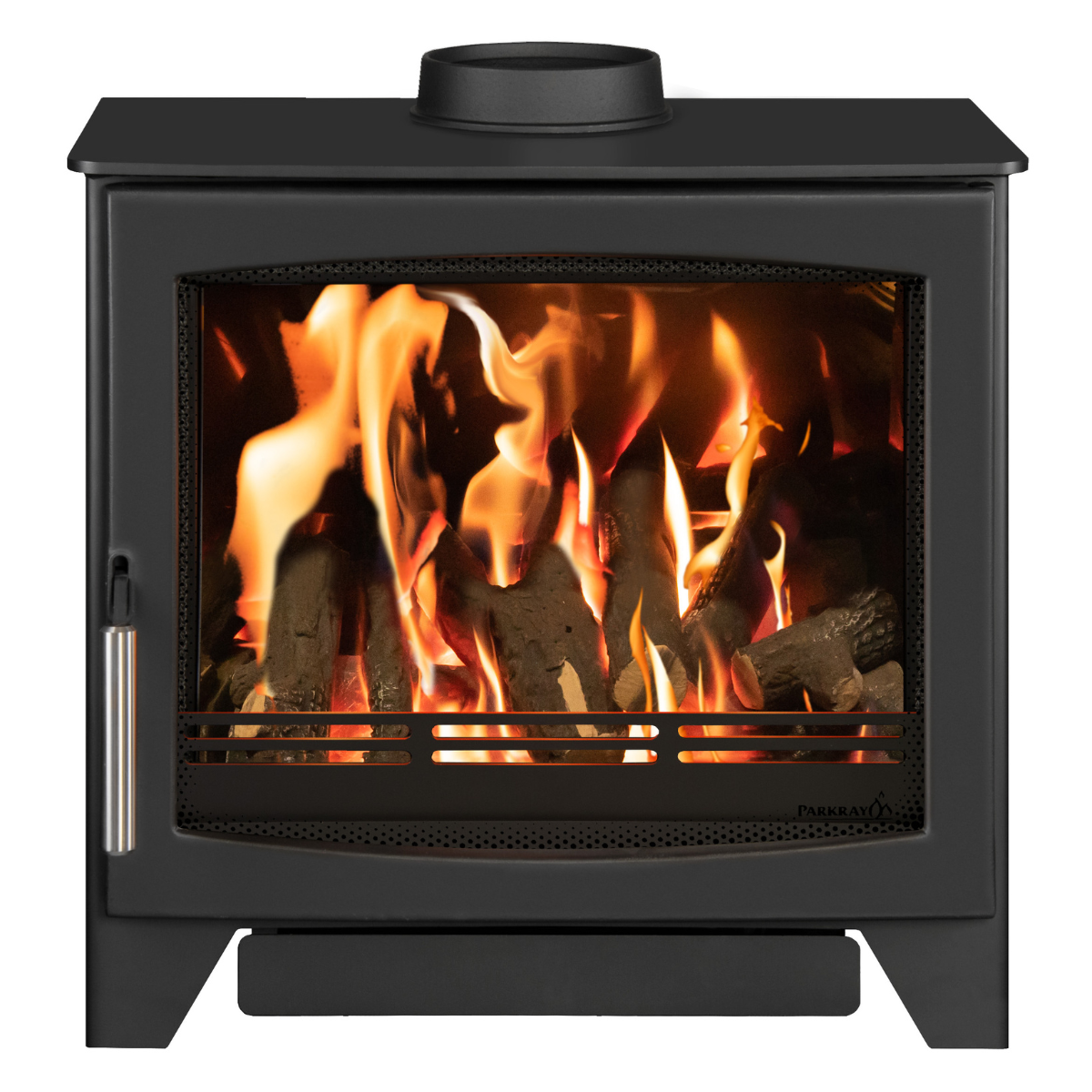 A black gas stove with a glass front door showing bright orange and yellow flames over logs, isolated on a white background.