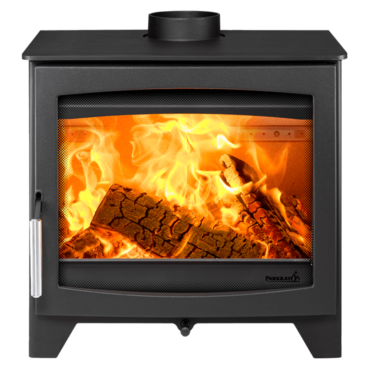 A black wood-burning stove with a glass front door showing bright orange flames and logs, isolated on a white background.