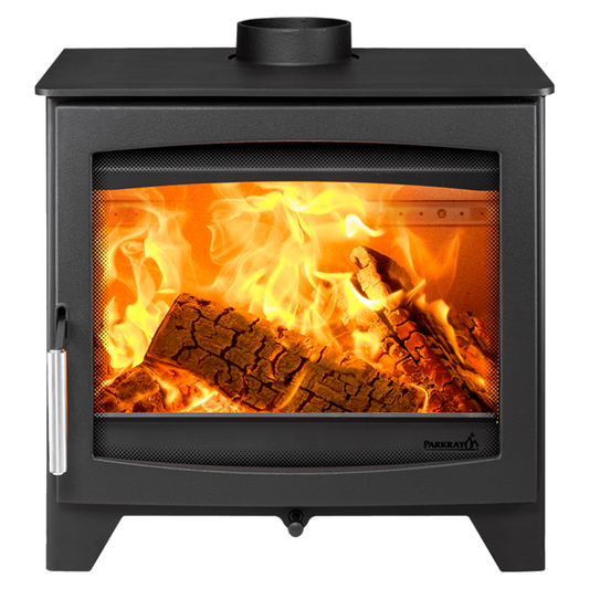 A black wood-burning stove with a glass front door showing bright orange flames and logs, isolated on a white background.