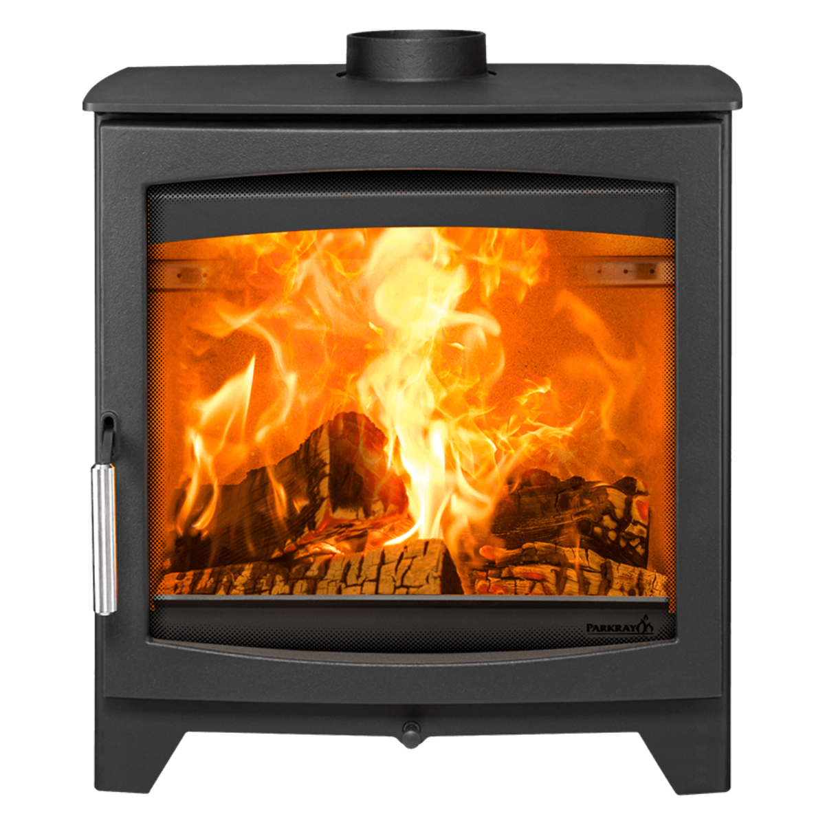 A black wood-burning stove with a glass front door showing a bright orange fire and logs inside, photographed on a plain white background. The brand name Puregran is visible on the lower right of the glass.