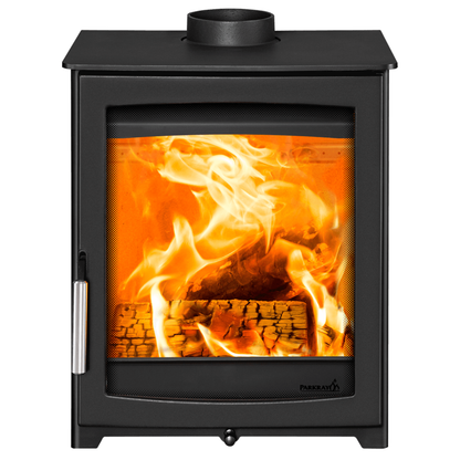A black wood-burning stove with a glass door showing bright orange flames and logs, isolated on a white background.