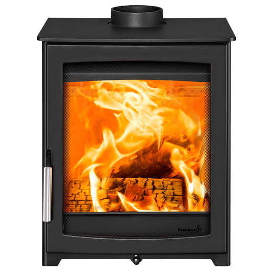 A black wood-burning stove with a glass door showing bright orange flames and logs, isolated on a white background.