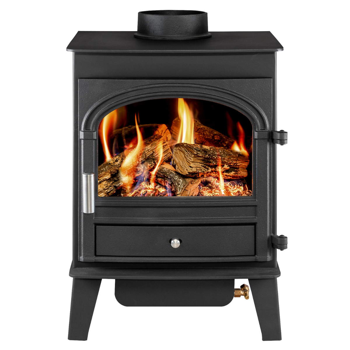 A black cast iron gas stove with a glass front door showing a realistic fire with logs and flames, set against a solid white background.
