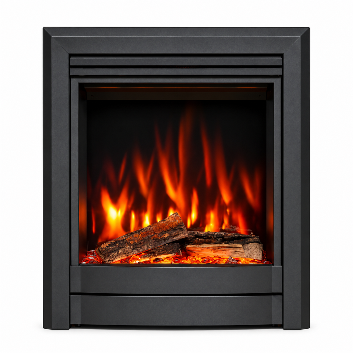 A modern black electric fireplace insert with realistic orange and yellow flames and faux logs, shown against a solid white background.