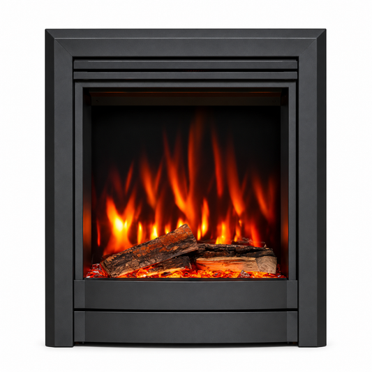 A modern black electric fireplace insert with realistic orange and yellow flames and faux logs, shown against a solid white background.