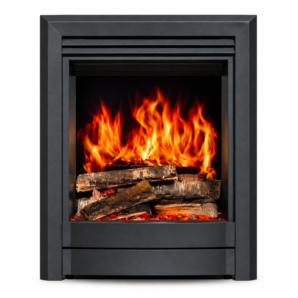 A modern black electric fireplace insert with a realistic flame effect and faux logs, shown against a plain white background.