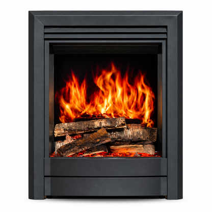 A modern black electric fireplace insert with a realistic flame effect and faux logs, shown against a plain white background.