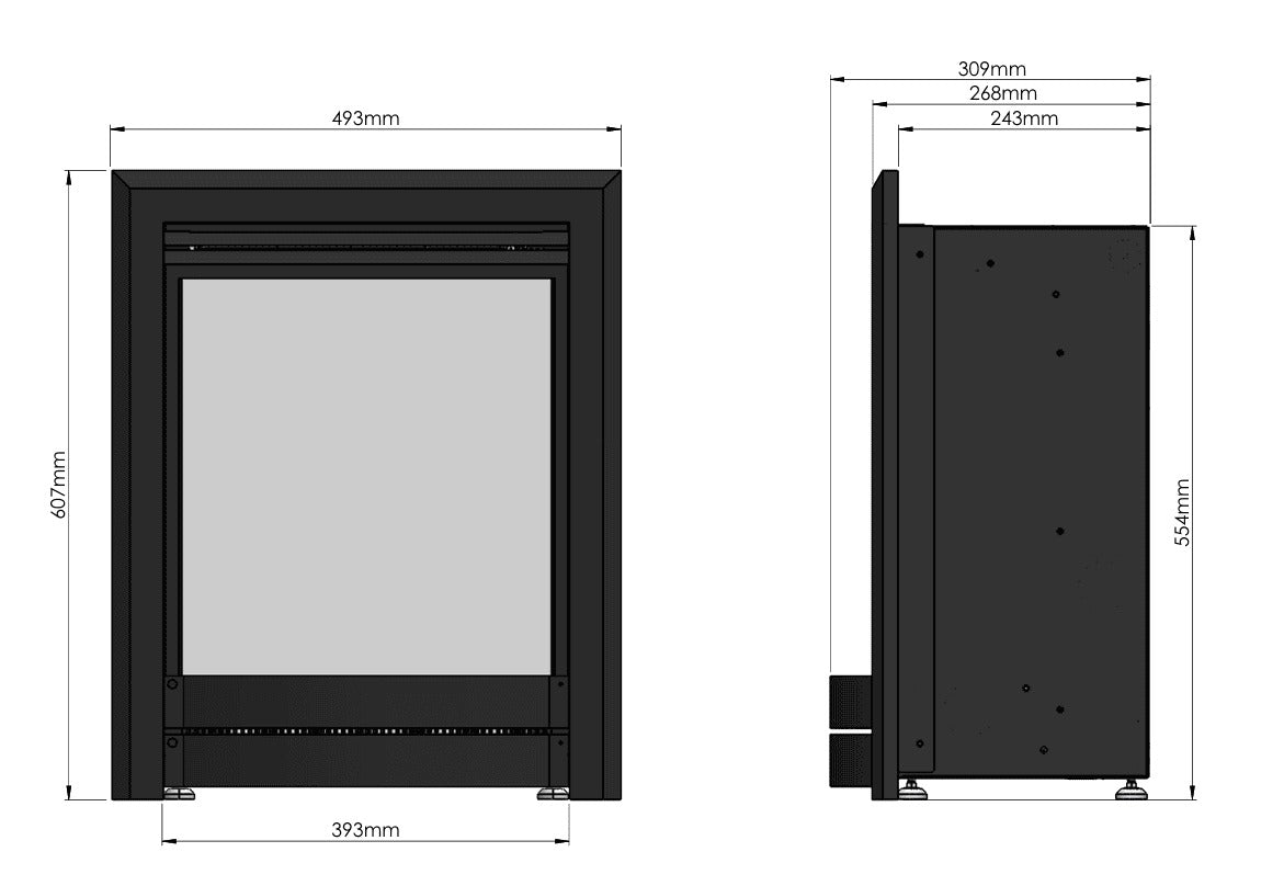 Technical dimension diagram of a black electronic fire, showing front and side profile measurements in millimetres with dimension lines and labels.
