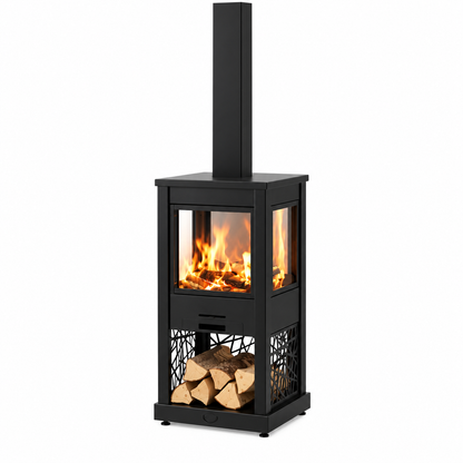 A modern black freestanding wood-burning fireplace with a tall chimney stack, glass front, visible flames, and a lower log storage compartment filled with cut wood, shown on a plain white background.