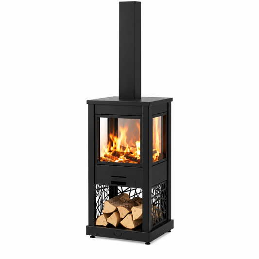 A modern black freestanding wood-burning fireplace with a tall chimney stack, glass front, visible flames, and a lower log storage compartment filled with cut wood, shown on a plain white background.