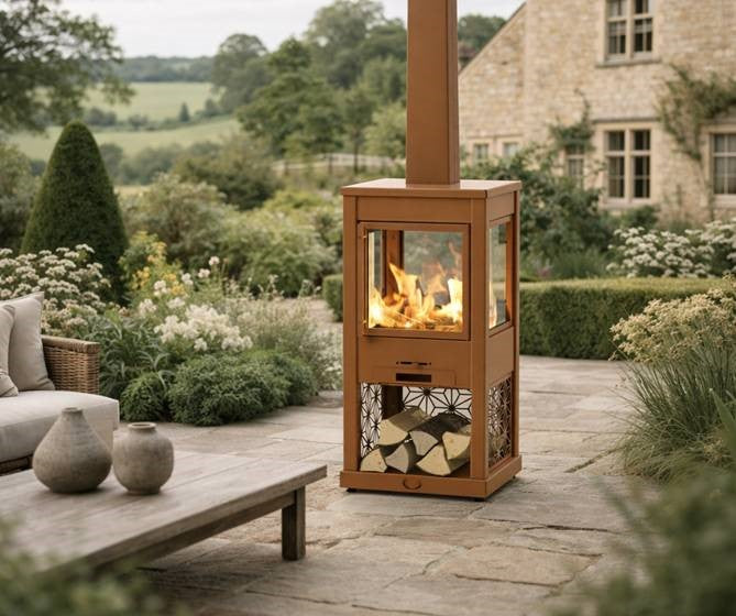 A freestanding metal wood-burning fireplace with a visible fire inside, set on a stone patio in a landscaped garden with a house and outdoor seating in the background.