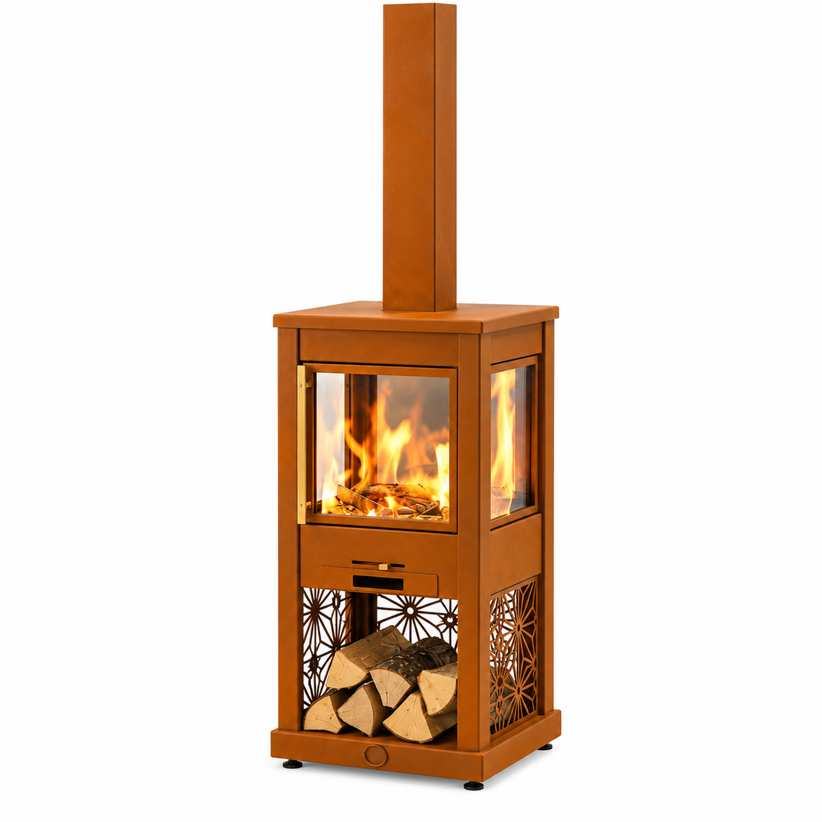 A freestanding wood-burning fireplace with a tall chimney stack, glass front, visible flames, decorative cutout panels, and stacked firewood in the lower compartment, shown on a plain white background.