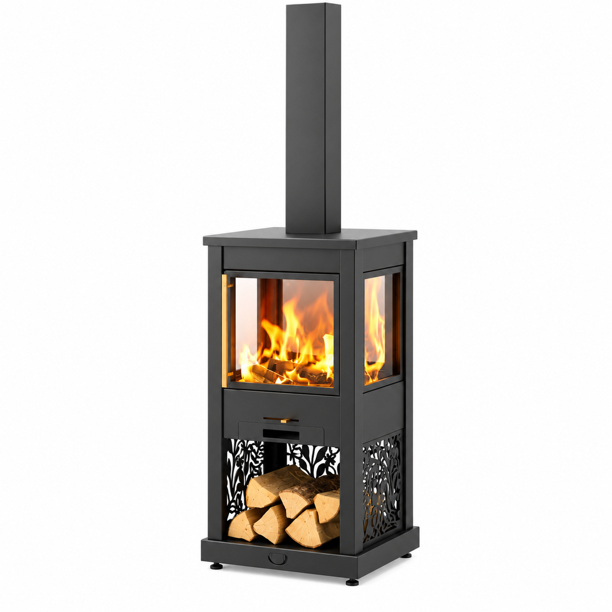 A freestanding slate grey wood-burning fireplace with a tall chimney stack, glass front, visible flames, decorative cutout panels, and stacked firewood in the lower compartment, shown on a plain white background.
