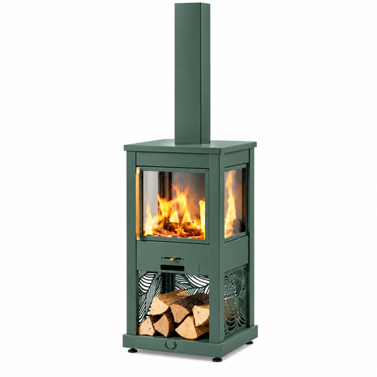A freestanding green wood-burning fireplace with a tall chimney stack, glass front, visible flames, and a lower storage compartment holding stacked firewood, shown on a plain white background.