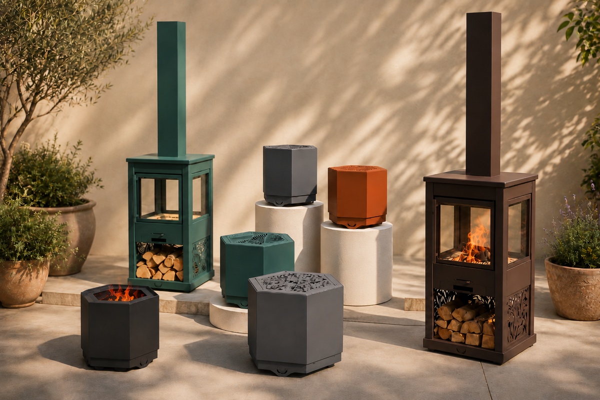 A collection of modern outdoor fire pits and wood-burning heaters in dark gray, teal, rust orange, and brown, arranged on pedestals and the ground in a sunlit patio setting with potted plants.