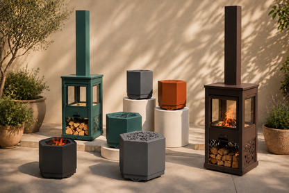 A collection of modern outdoor fire pits and wood-burning heaters in dark gray, teal, rust orange, and brown, arranged on pedestals and the ground in a sunlit patio setting with potted plants.